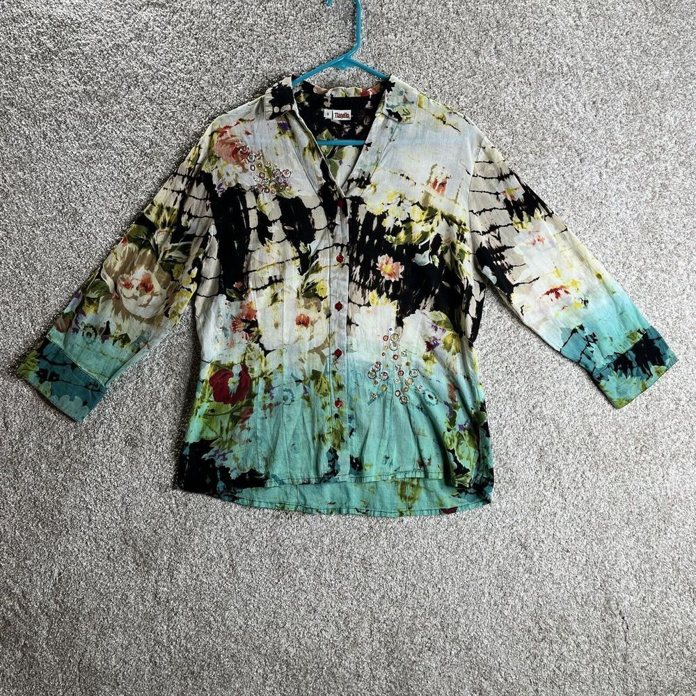 Tianello Button Front Too Women's Small Floral Abstract‎ Multicolor 3/4 Sleeve
